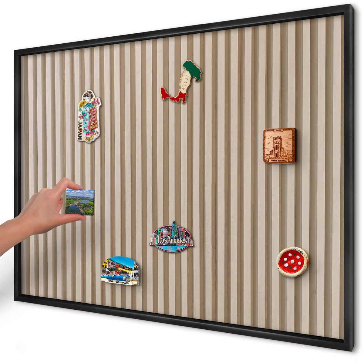 Artprintcave Beige Magneetbord mit Zwart Frame - 100x70 cm - Houten Latten Magnetisch Bord Voor Magneten - Minimalist Memobord Keuken - Texturen
