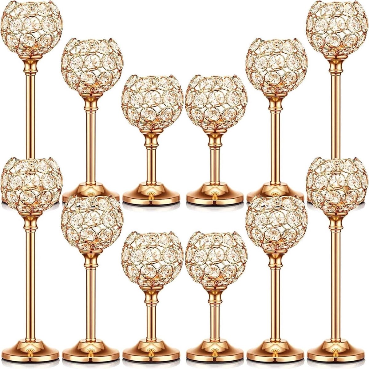 Kristallen Kandelaars - Theelicht Kaarshouders - Sfeer Creëren - Stevige Basis - 12 stuks - Goud