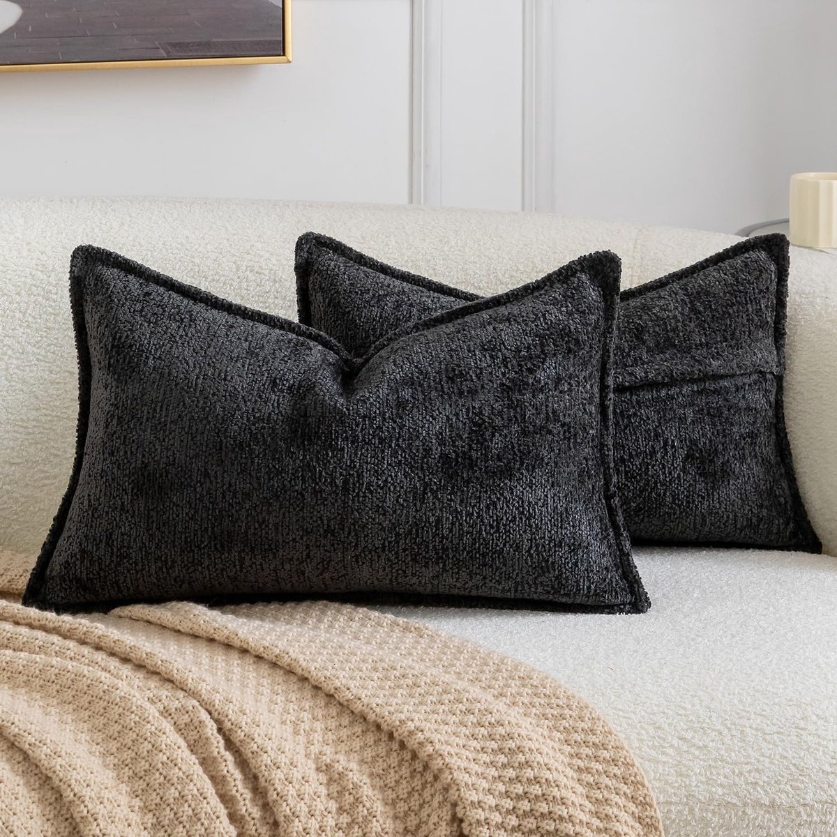 SnelShoppen - Set van 2 Decoratieve Kussenhoezen Boho Zacht Textuur Chenille Sierkussens 40 x 60 cm Zwart Flensrand voor Bank Slaapkamer Woonkamer