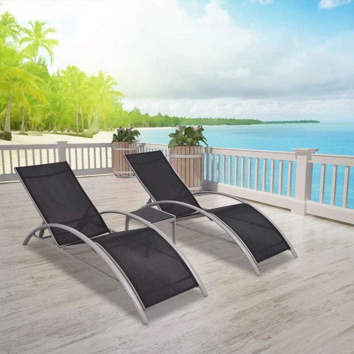 Ligstoelen met tafel - Loungeset Strandstoelen - Buiten Ontspannen - Verstelbare rugleuning - 156 x 60 x 89 cm - Zwart