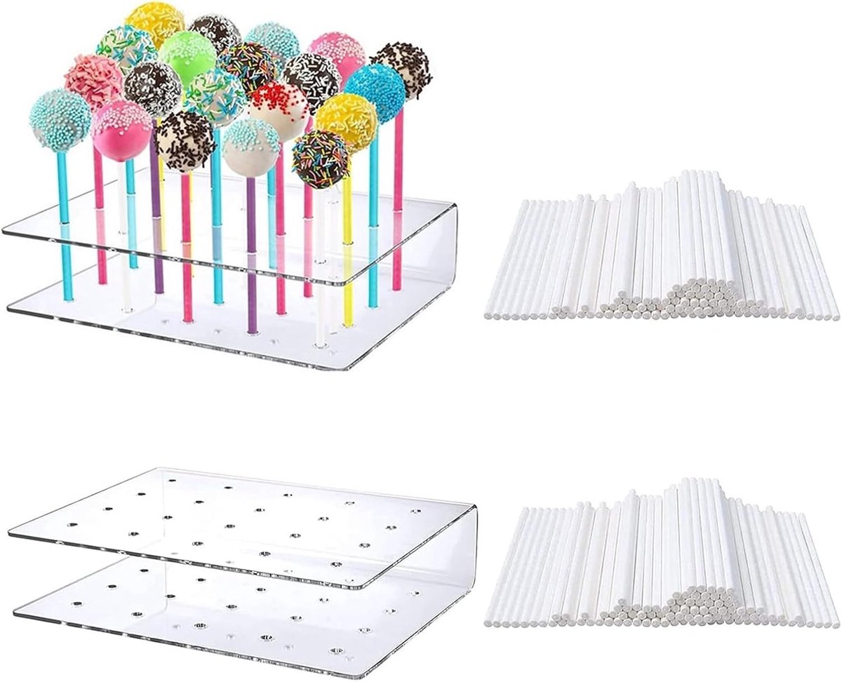 Pop standaard, 2 stuks lollipop standaard, 20 gaten lollyhouder met 200 stuks cake-pop-stelen, cakepopstandaard, lollipop houder voor bruiloft, verjaardag, dessert, tafel, feestdecoratie