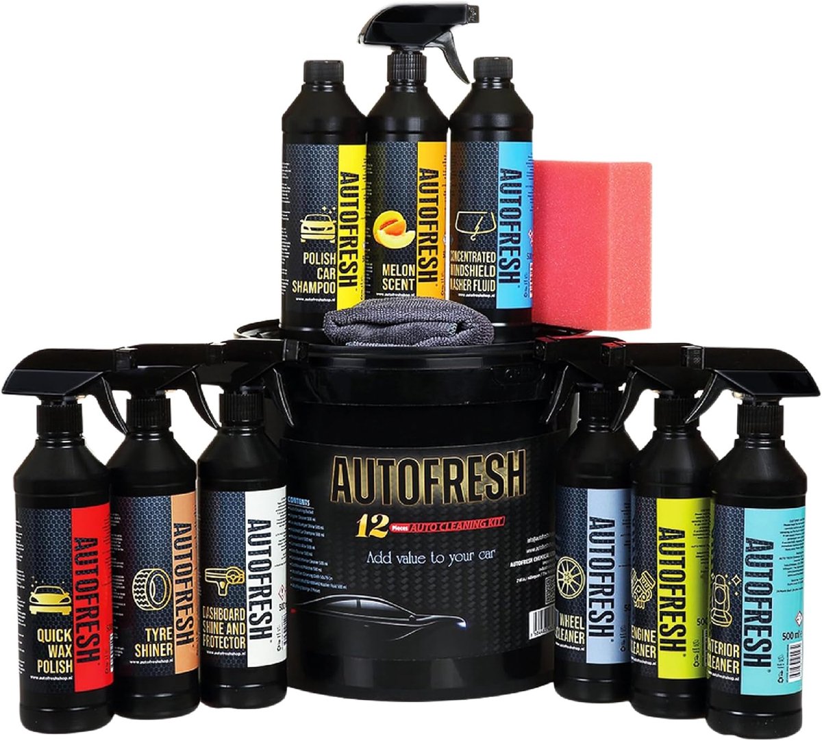 SnelShoppen - Complete Auto Reinigingsset 12-Delig, Auto Shampoo, Snelle Wax, Interieurreiniger, Microvezeldoeken, Emmer voor Binnen- en Buitenkant