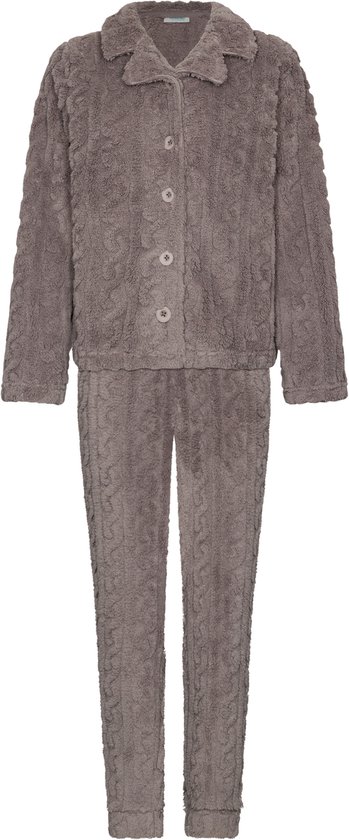 Grijze pyjamaset van fleece met knopen en kabelpatroon.