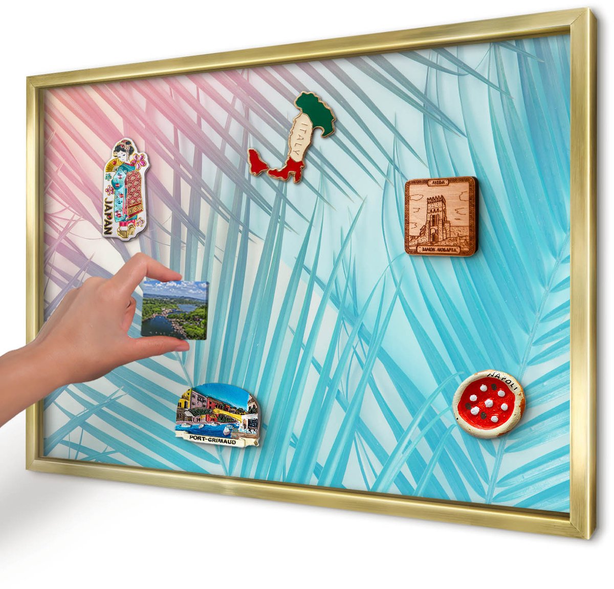 Artprintcave Turkoois Magneetbord mit Gouden Frame - 60x40 cm - Tropische Elegantie Wandbord Magnetisch - Abstract Notitiebord - Bloemen En Planten