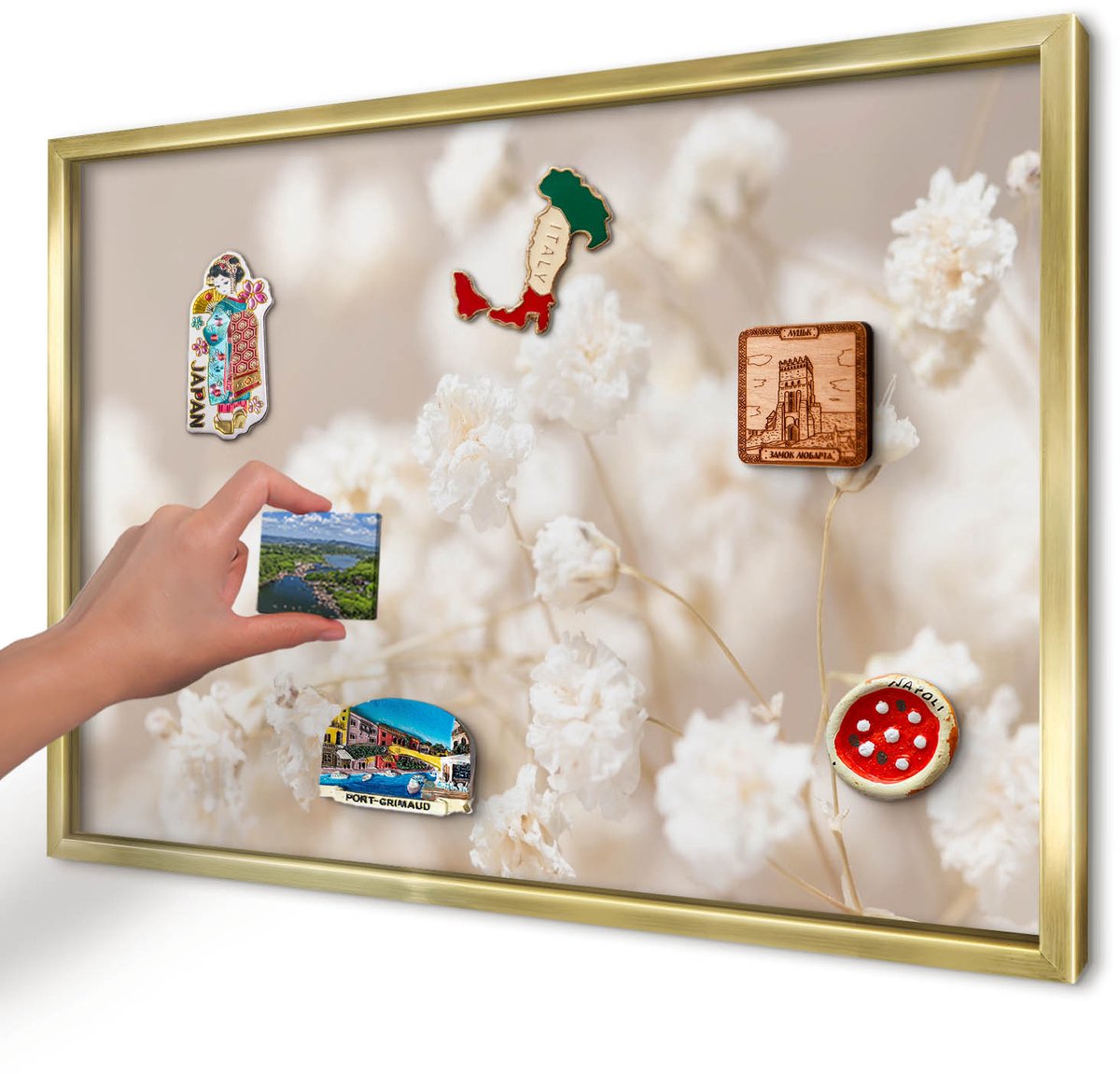 Artprintcave Beige Magneetbord mit Gouden Frame - 60x40 cm - Beige Bloemen Magnetische Organizer - Minimalist Magnetisch Bord Voor Magneten - Bloemen En Planten