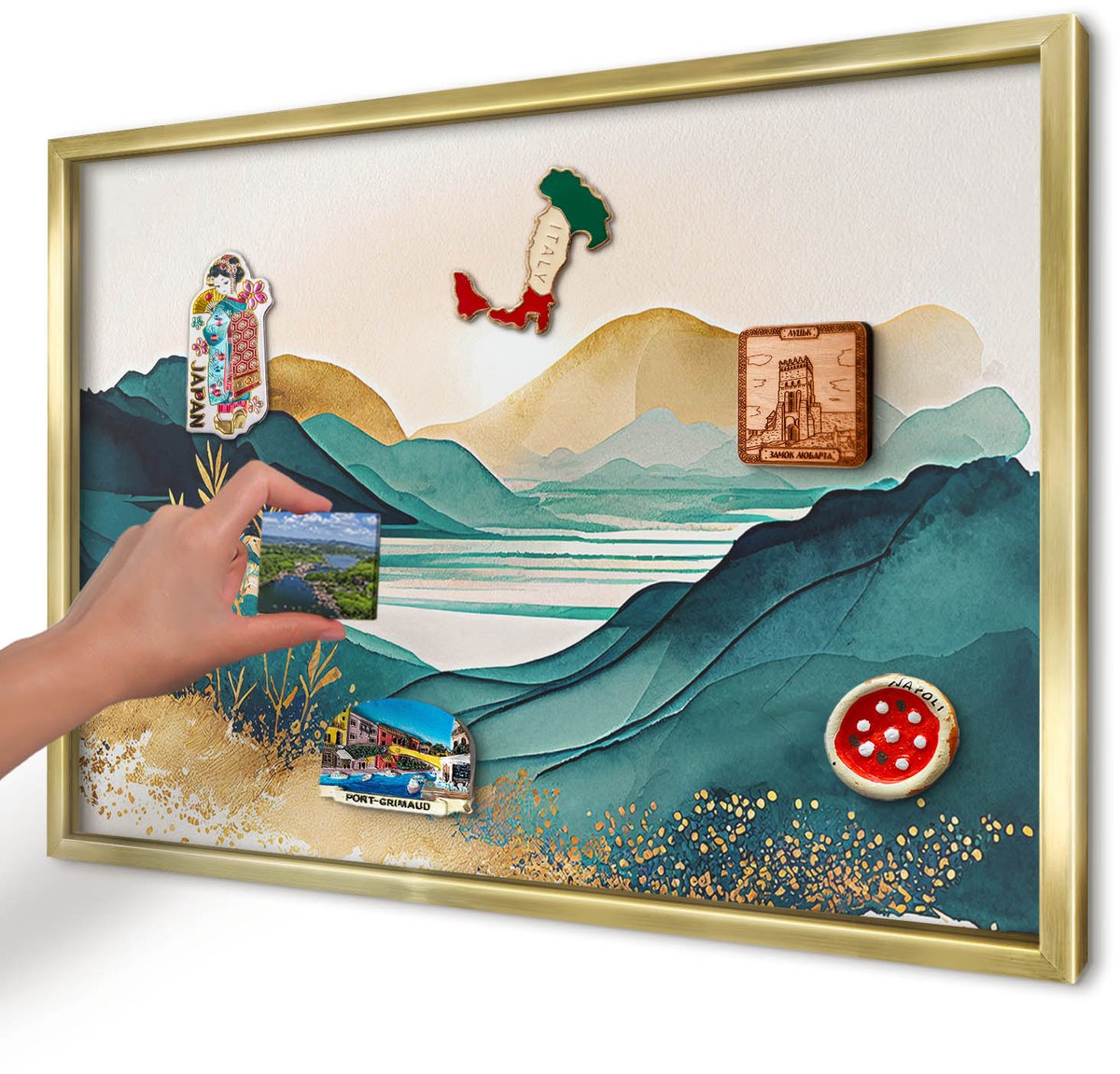 Artprintcave Turkoois Magneetbord mit Gouden Frame - 60x40 cm - Een Vredig Uitzicht Magneetbord Voor Foto's - Waterverf Memobord Keuken - Landschappen