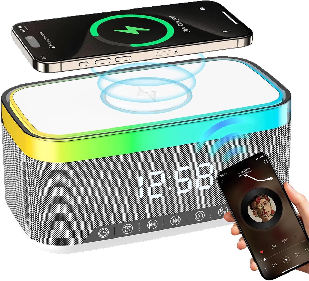 Digitale wekkerradio met draadloos oplaadstation, Bluetooth-audiowekker, digitale wekker, digitale wekker met licht, draadloze oplader voor slaapkamer en nachtkastje