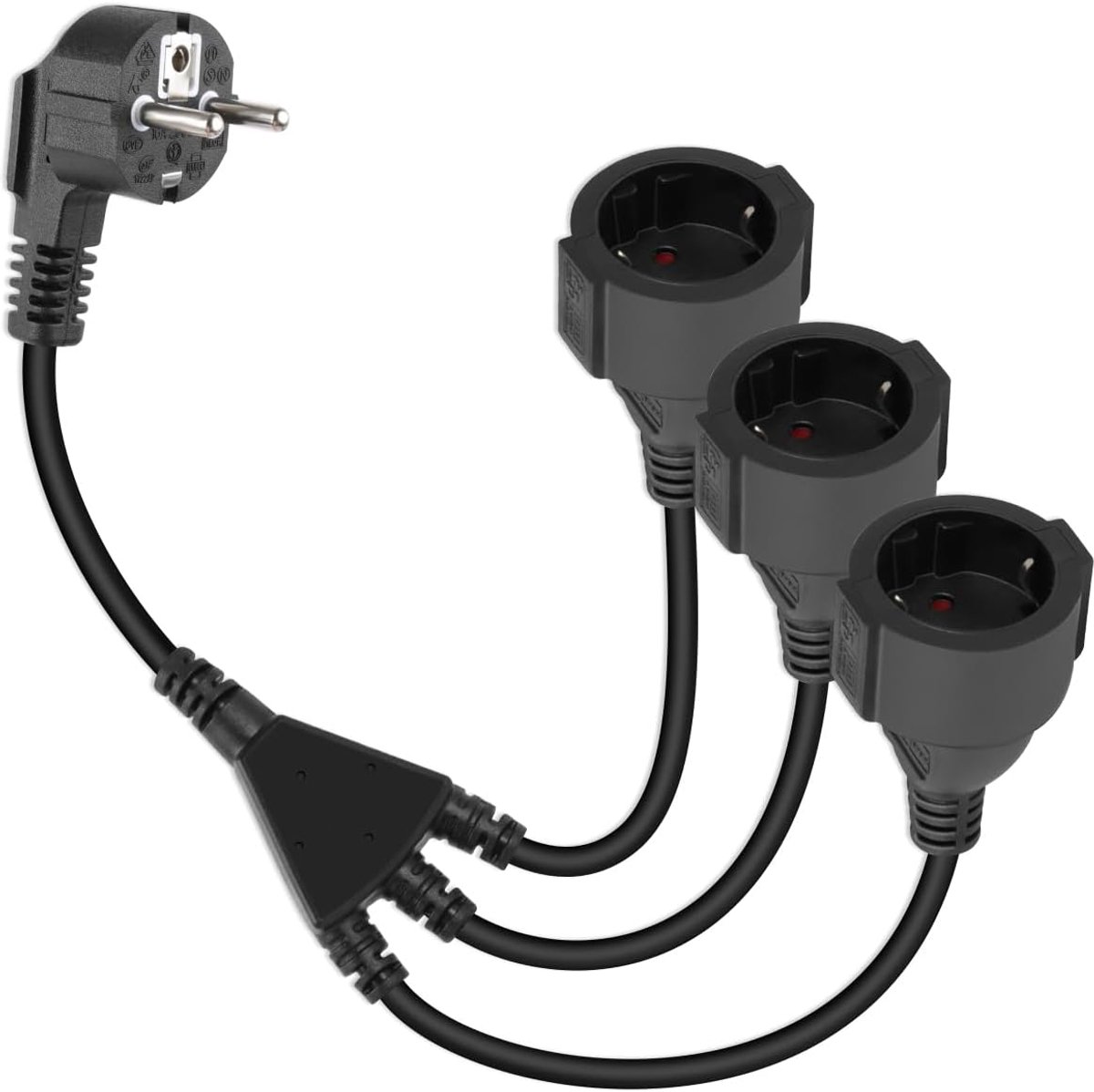 Verlengkabel met dubbel stopcontact, geaarde stroomkabel, 1 tot 2, Y-verdeler, waterdichte kabel voor binnen en buiten (90 graden, zwart, 3-in-1)