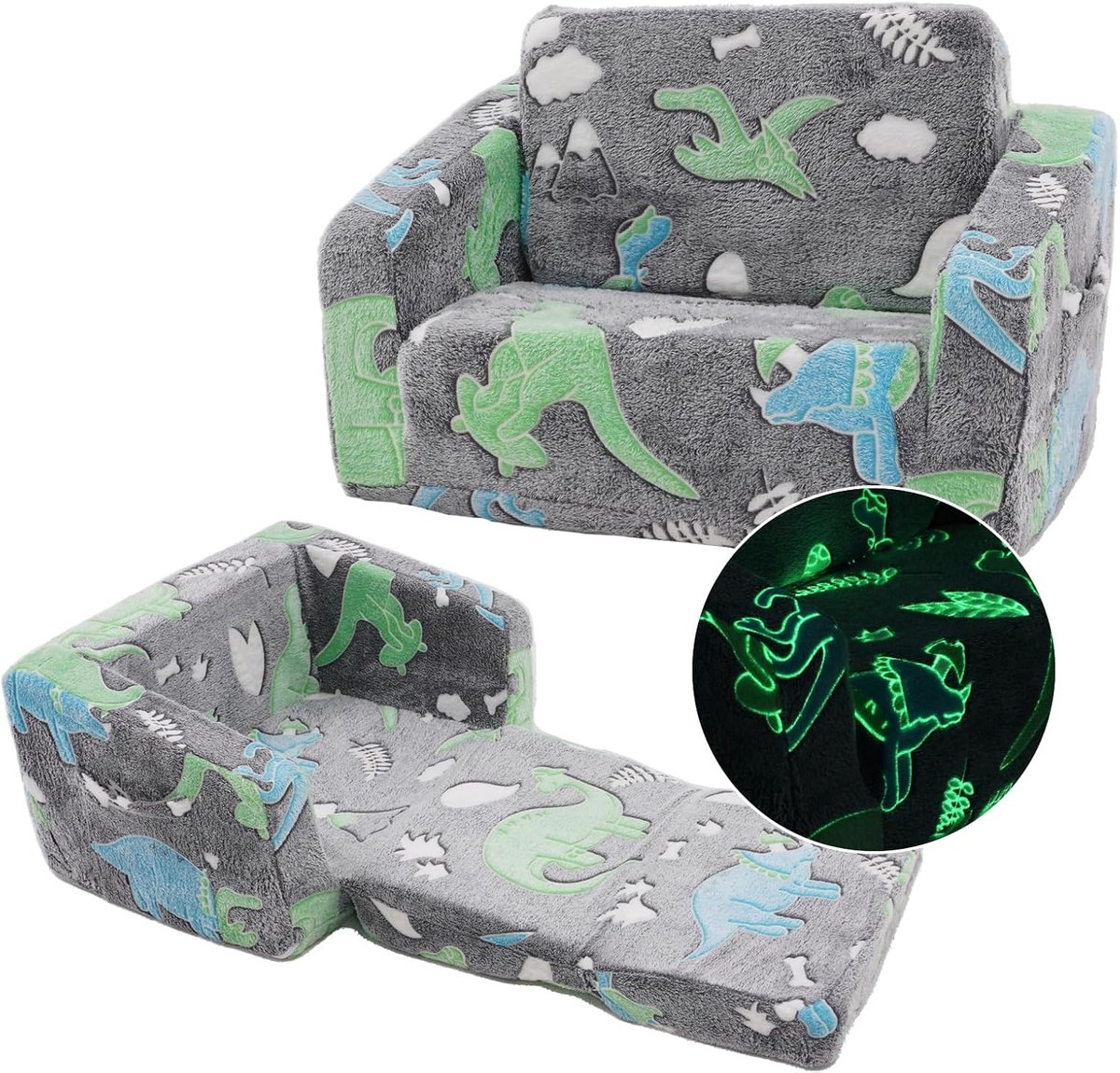 2-in-1 kinderbank, uitklapbaar, slaapbank, afneembaar en wasbaar, mini-speelbank voor jongens en meisjes, kinderkamer, dinosauruspatroon