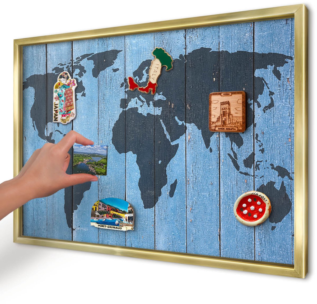 Artprintcave Blauw Magneetbord mit Gouden Frame - 60x40 cm - Wereldkaart Magneetbord Voor Keuken - Rustiek Bord Voor Magneten - Kaarten