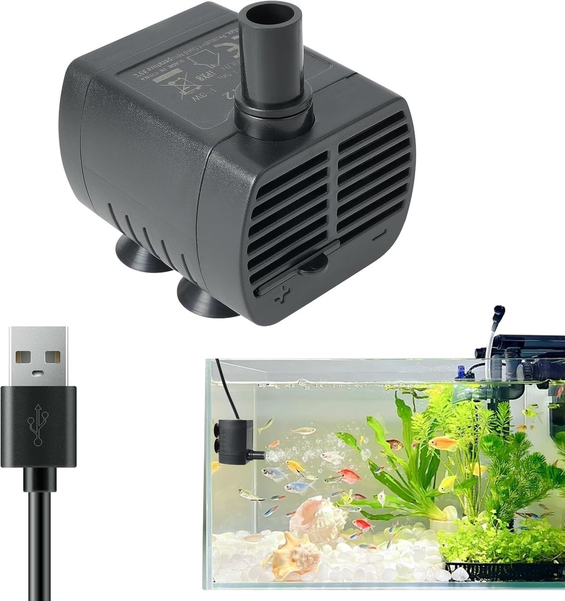 aquariumpomp, klein (200 l/u, 1-3 W), USB-kattenfonteinpomp, dompelpomp met 1,4 m kabel voor mini-aquaria, huisdierfontein, hydrocultuur