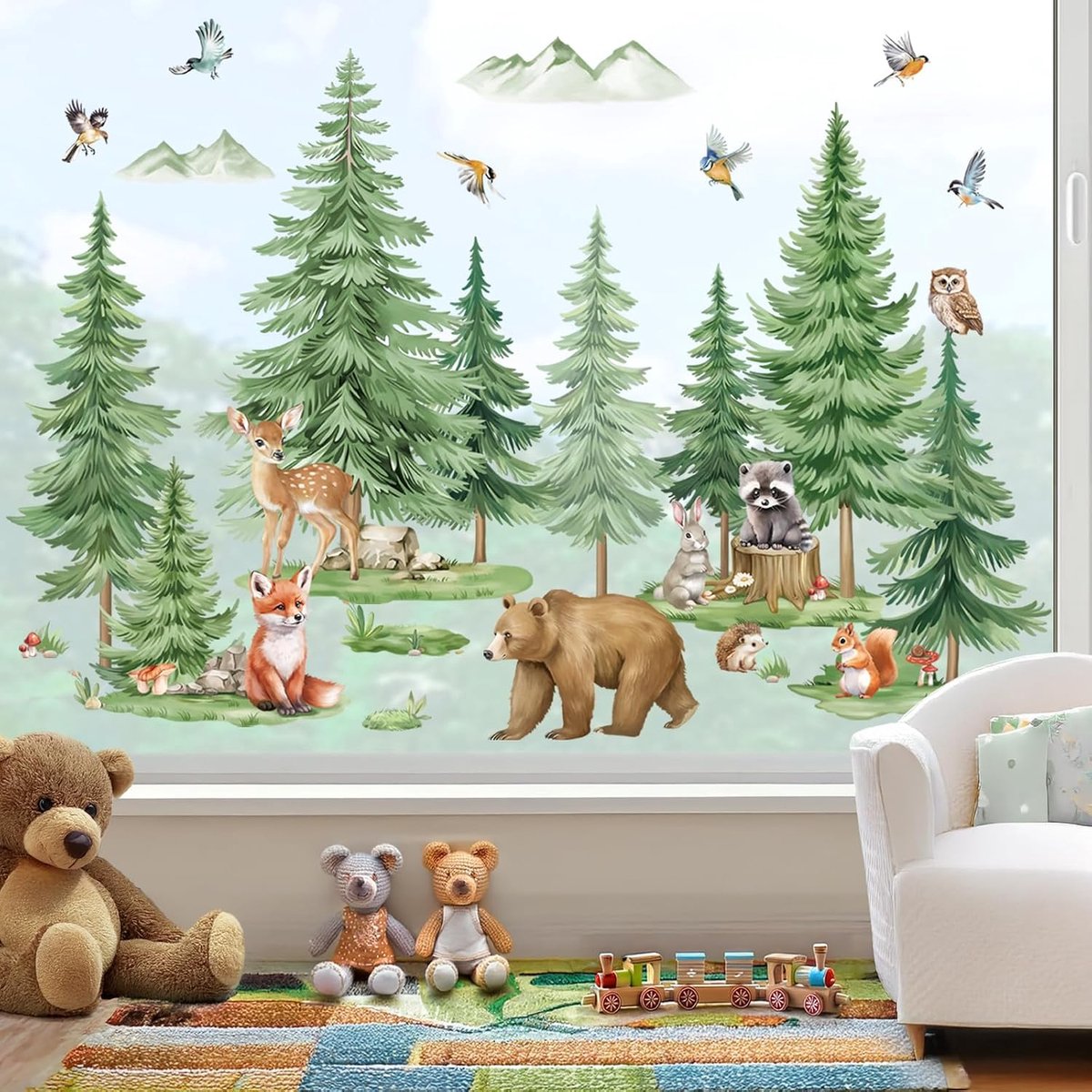 wondever Spring Woodlands Dieren Venster Klampt Pijnboom Beer Herten Glas Sticker Sticker Anti Collision Dubbelzijdige Statische Raamstickers voor Kinderen Slaapkamer Ramen Thuis Glas