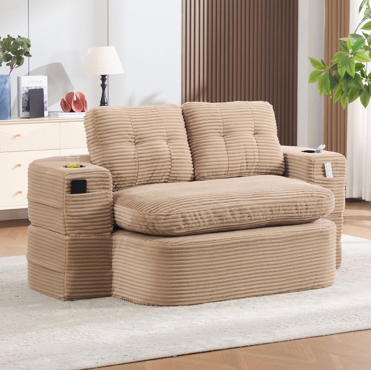 FloraGrace Slaapbank 2 Zitplaatsen - 2 In 1 Met Relaxfunctie, Bekerhouders En Zijvakken - Extra Diepe Zitting En Hoge Rugleuning - Voor Woonkamer Of Slaapkamer - Cordstof - Khaki