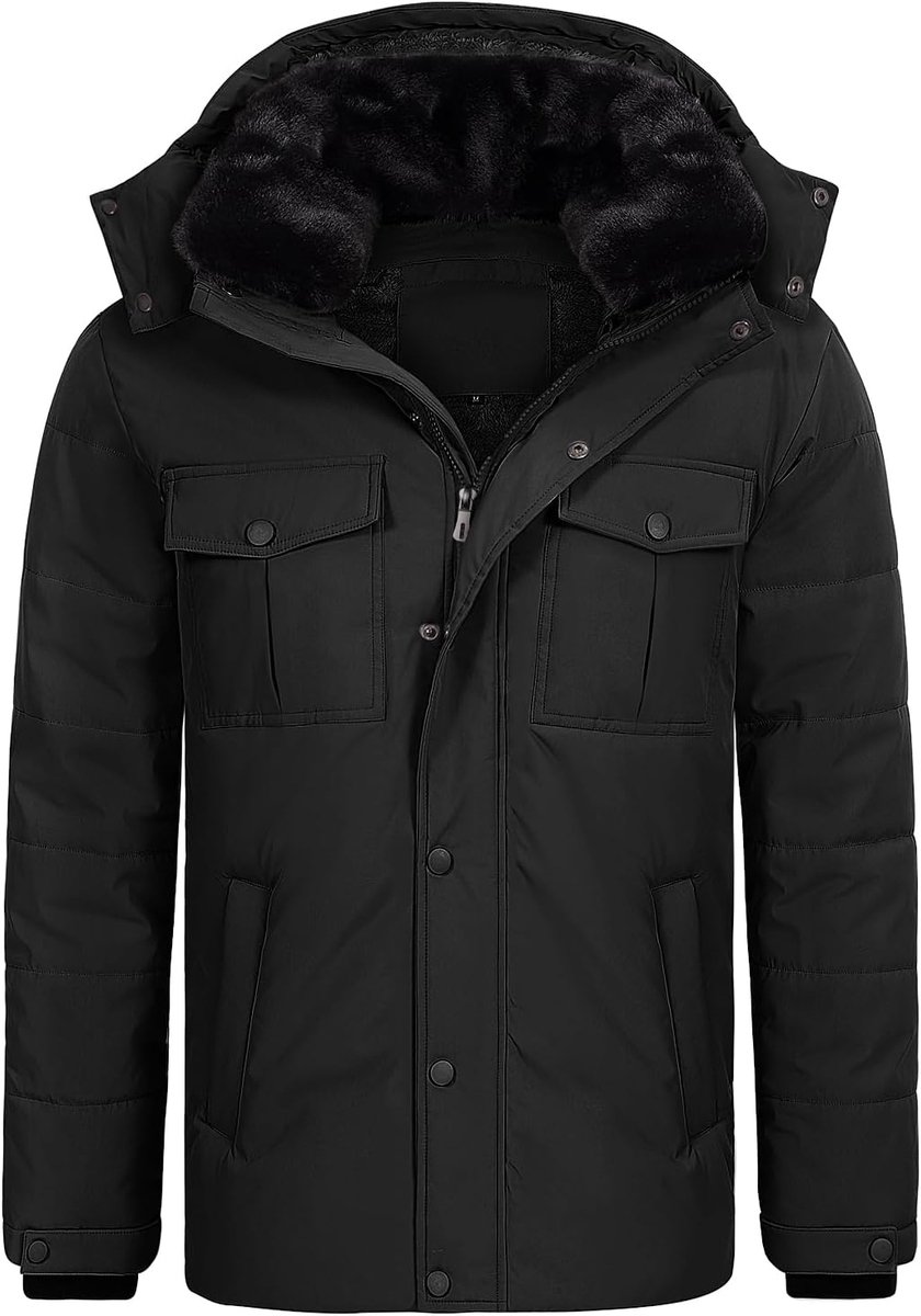 Parka voor heren, winterjas met ritssluiting, fleece-jack, windjack, thermische pufferjas, parka, warme buitenjas met afneembare capuchon