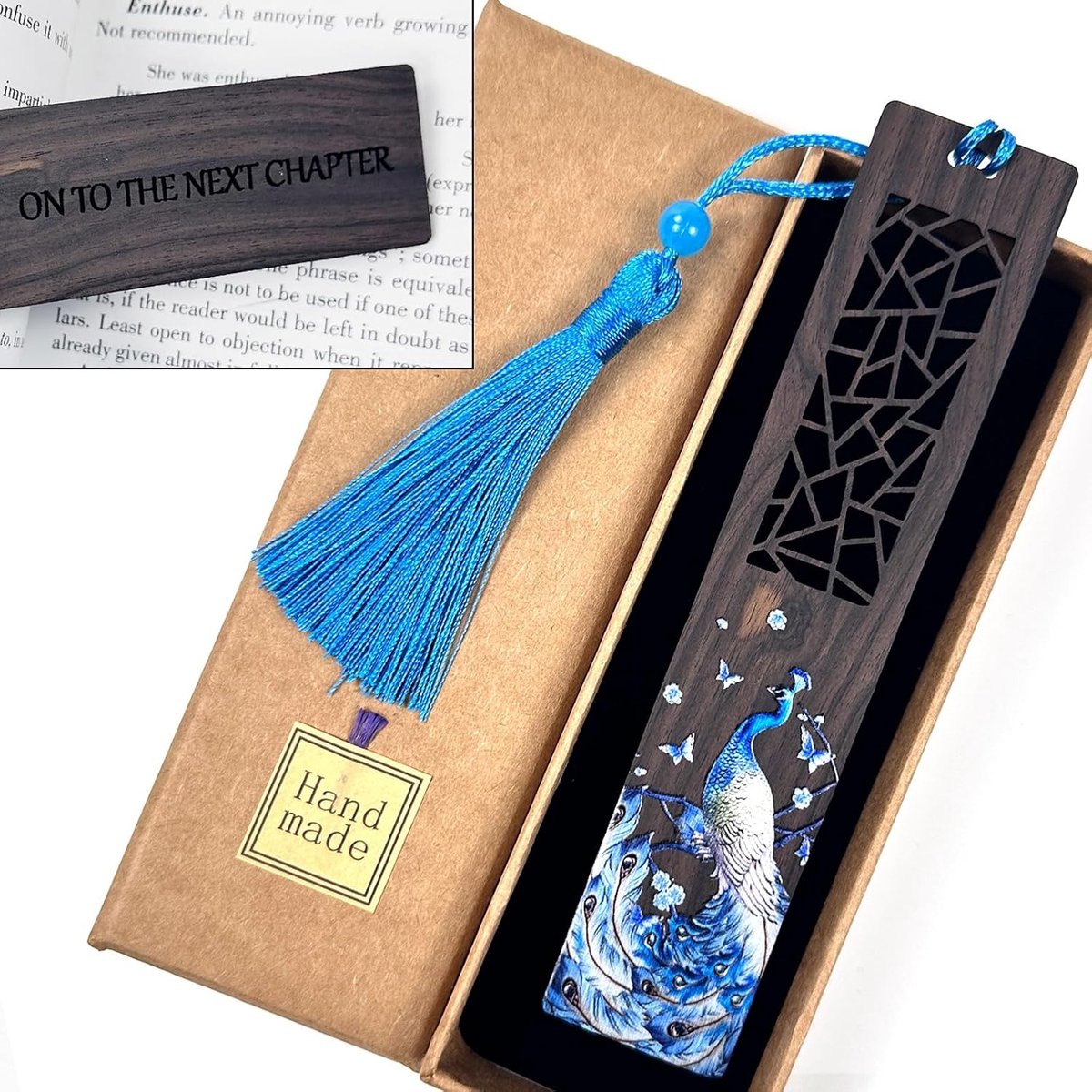 Houten bladwijzer, pauw- en vlinderpatroon - perfecte decoratie voor boekenliefhebbers, studenten, leesboekenclub, feest
