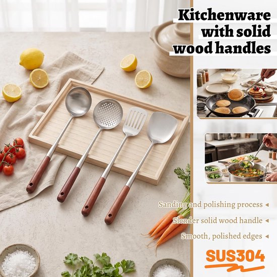 Set van 4 wok-gebruiksvoorwerpen, roestvrij staal, 43 cm lang, hittebestendig houten handvat, wok-spatel, sleufspatel, lepel, keukenschuimer, vaatwasmachinebestendig, professioneel keukengereedschap — afbeelding 3