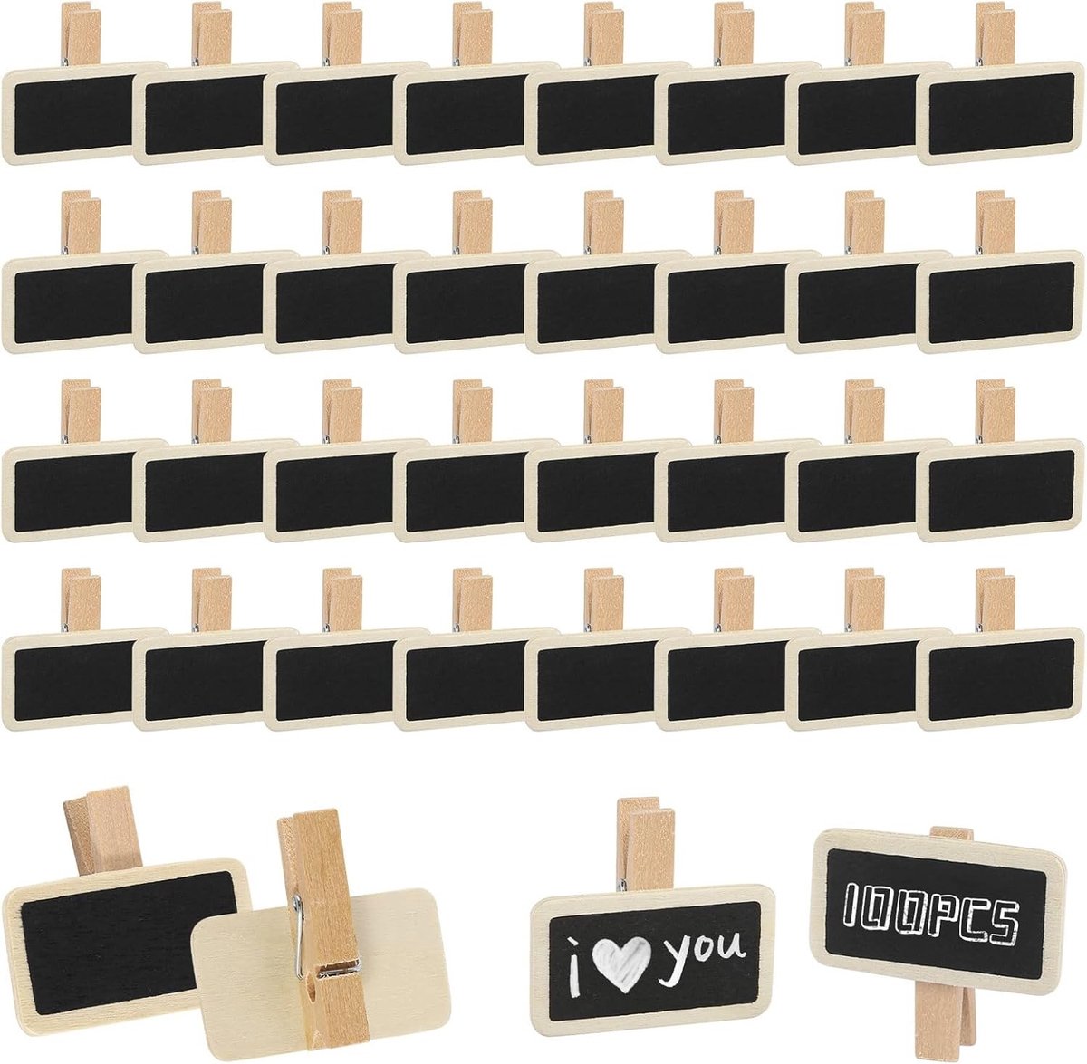 SnelShoppen - Mini Borden voor Schrijven op 100 Stuks Houten Wasknijpers, Chalkboard Clips, Tafel Clips, Kleine Clips voor Foto's, Memo's, Notities, E