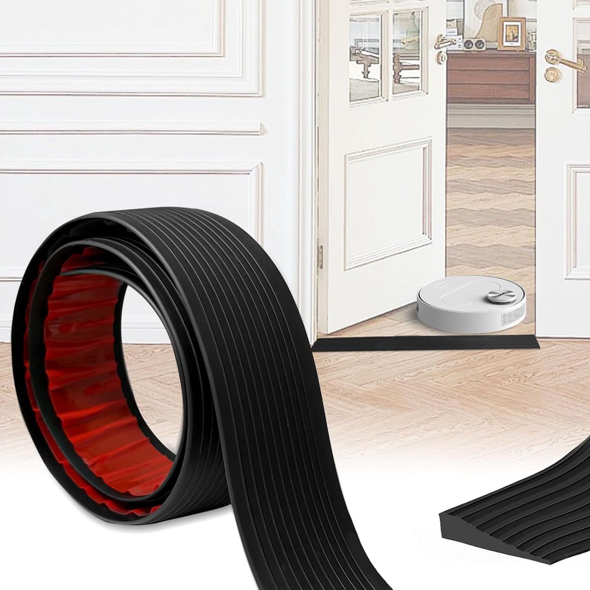 robotstofzuiger, drempelramp 2cm hoog, zelfklevende ramp, rubber drempelrampen robotstofzuiger, overgangsprofiel voor rolstoelen, kinderwagens, garages (zwart, 1M x 8CM x 1,5CM)