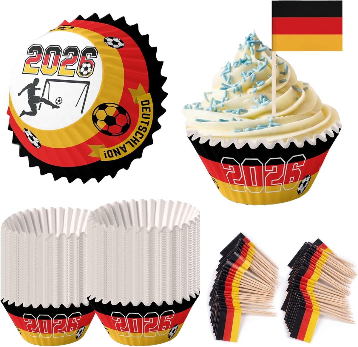 200 stuks muffinvormpjes en tandenstokers WK 2026 Duitsland voetbal feestdecoratieset, 100 vlaggetjes Duitsland papier cupcake liner, 100 mini tandenstokers cocktailvlaggen, restaurant pub