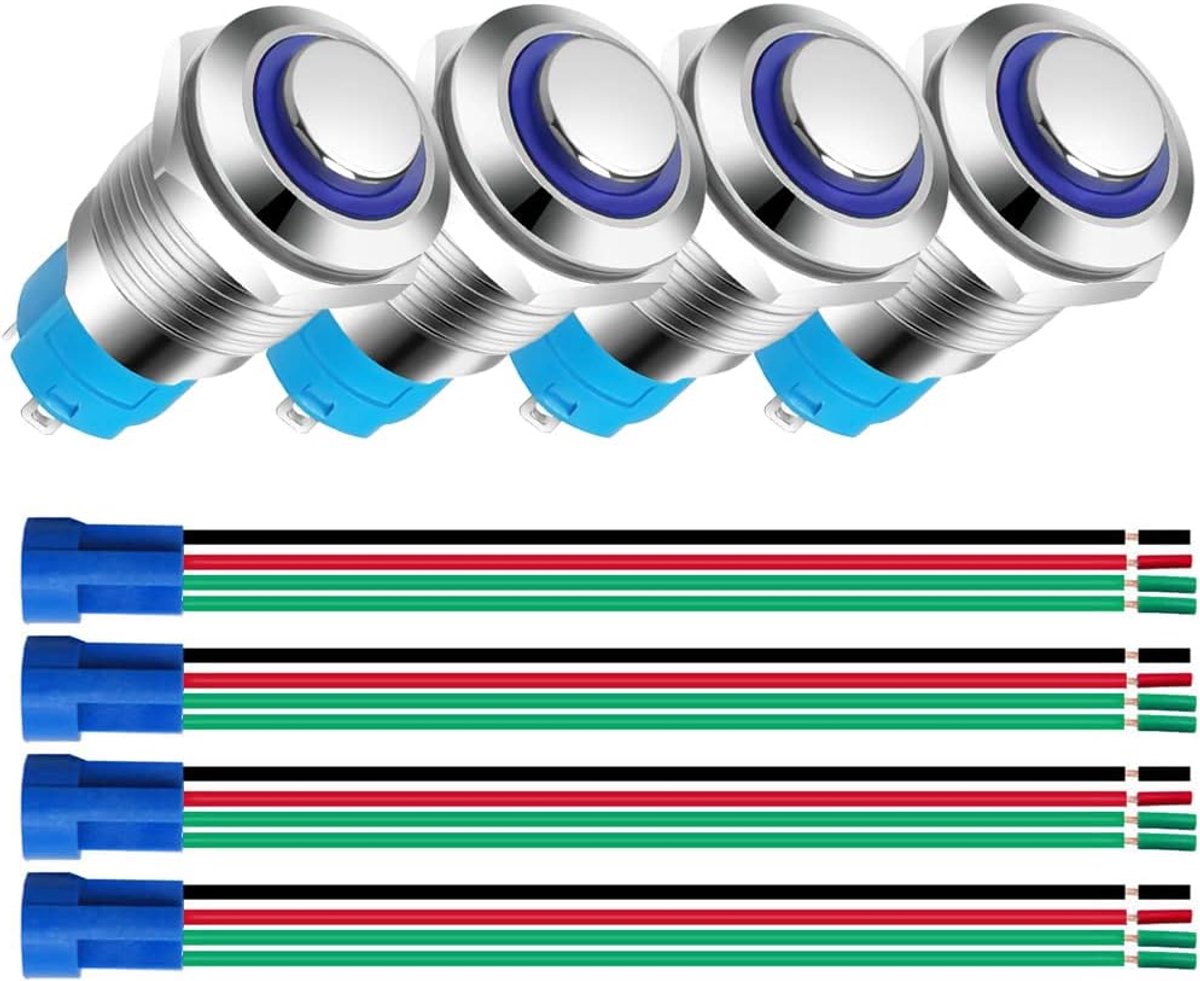 4Stuks 12mm Rvs Momentaire Drukknop 3V-4.5V-5V-6V-7.5V-9V/5A LED 1NO SPST AAN Uit Waterdicht met Draad Socket Plug (Blauwe LED)