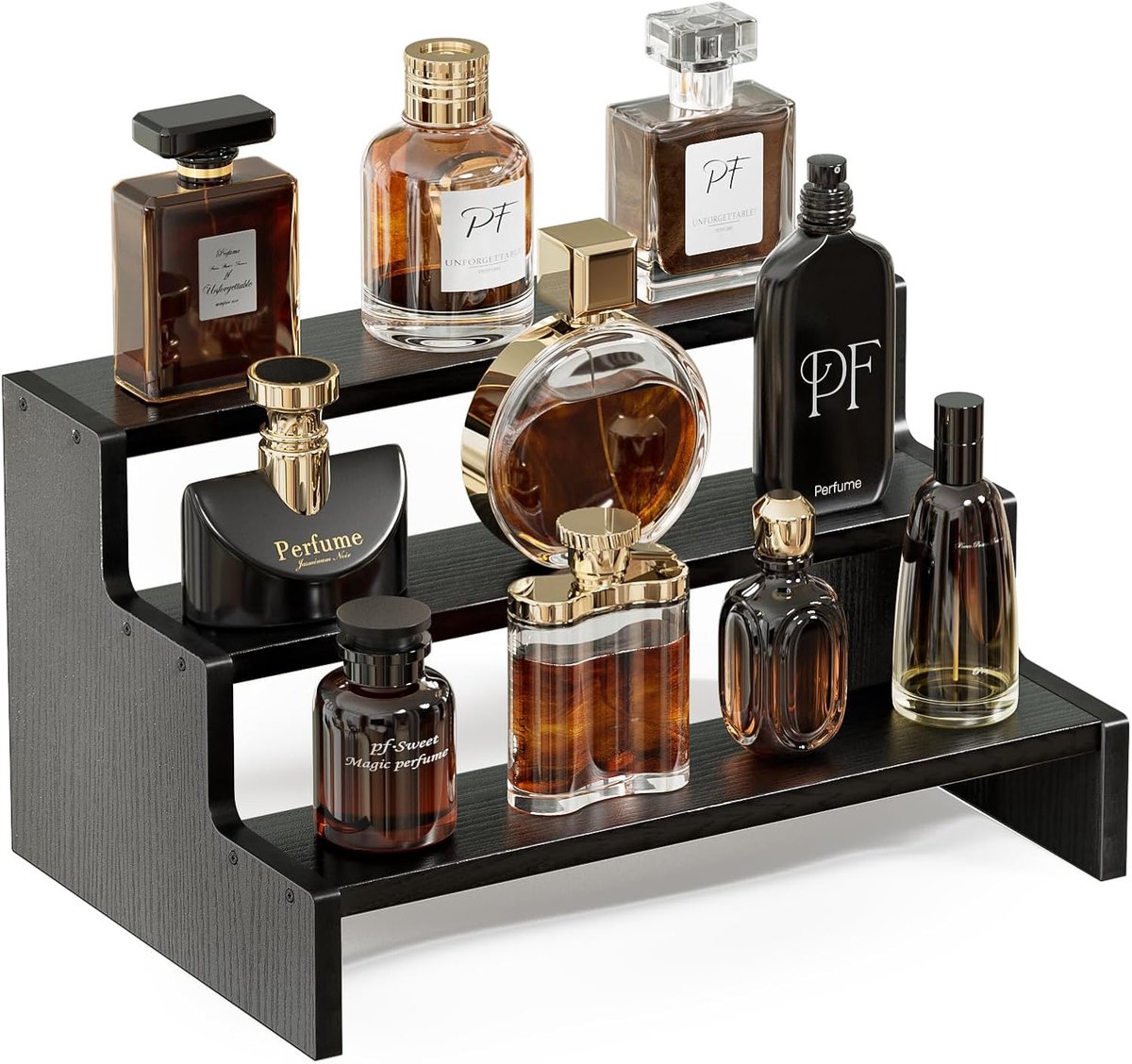 Cologne Organizer van hout, 3 niveaus, parfumdisplay, make-upstandaard, cosmetica-organizer, veelzijdig rek voor geuren, kaarsen, cosmetica, cupcake, vanity opslag, zwart