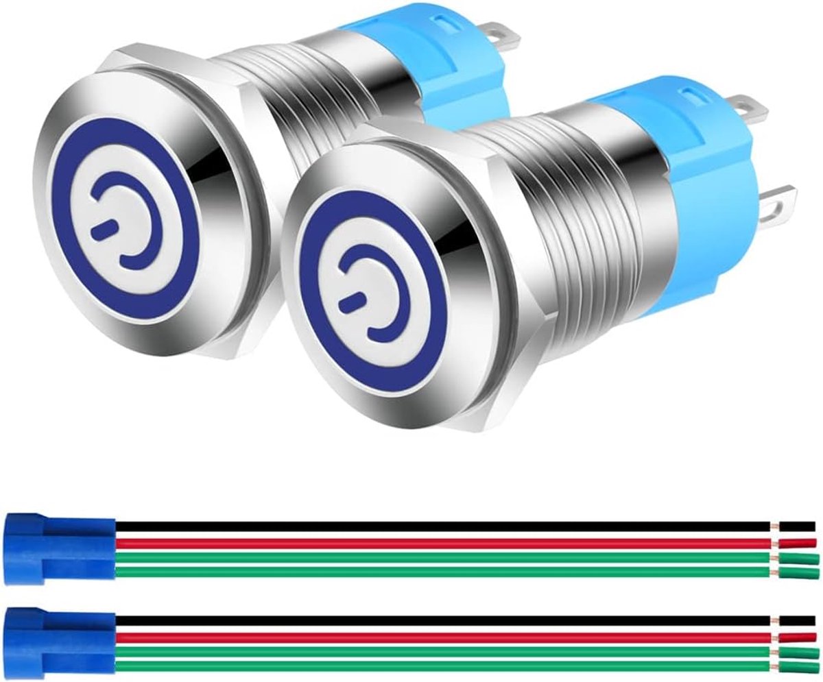 2pcs 0.47''/12mm Roestvrij Staal Zelfborgende Vergrendelende Drukknopschakelaar 12V-24V 3A Voedingssymbool LED Normaal Open SPST AAN-UIT Waterdichte Tuimelschakelaar(Blauwe LED)