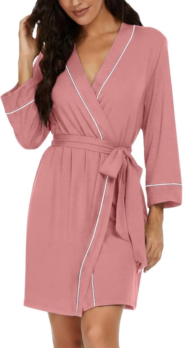 Badjas dames korte V-hals 3/4 mouwen ochtendjas lichte kimono robe loungewear