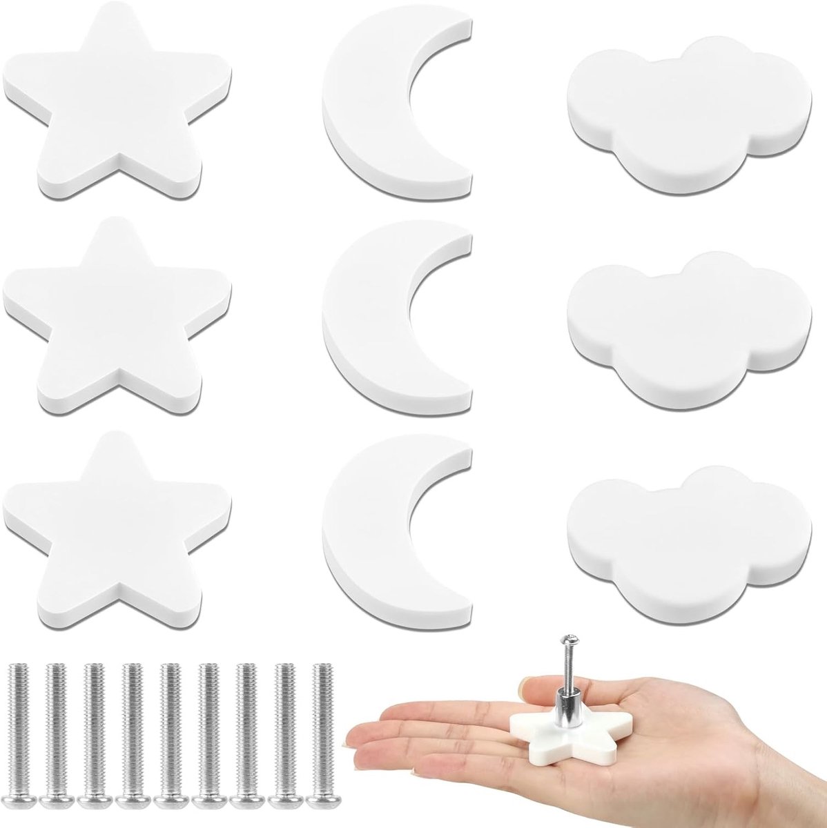 9 Knoppen voor Keukenkasten, Zachte Rubber Ladehandgrepen met Schroeven, Witte Deurklinken voor Kinderen, Sterren, Maan en Wolken Decoratie