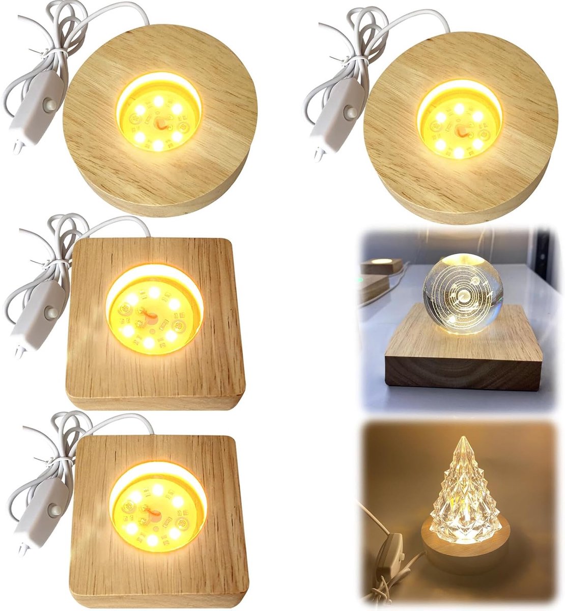 4 houten led-sokkels voor glasblok, verlichte basis met USB, displaybasis, led-standaard voor kristal, glas, acryl, hars, sieraden