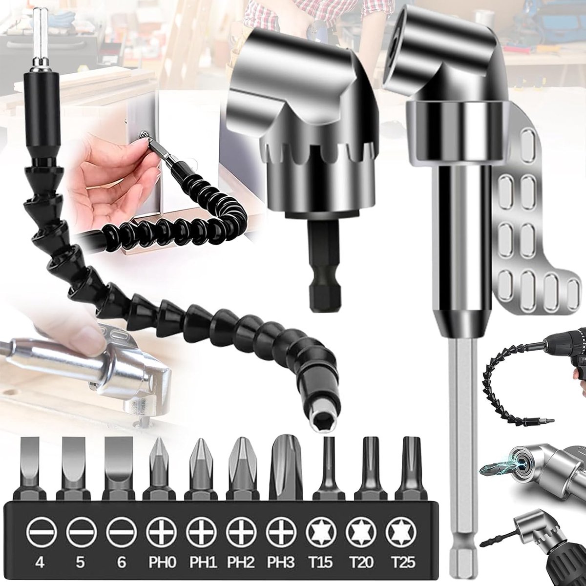 13 Stuks Adapter voor Haakse Schroevendraaier, 105 Graden Haakse Boor Adapter Hex, Hoekschroevendraaier Opzetstuk, 1/4 Inch Zeskantige Schacht, Multifunctionele Schroevendraaier(Met10 Boor)