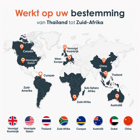 Wereldkaart met pins op Canada, Verenigde Staten, West-Europa, Verenigd Koninkrijk, Curaçao, Zuid-Amerika, Thailand, China, Sub-Sahara Afrika, Zuid-Afrika en Australië. Vlaggen onderaan.