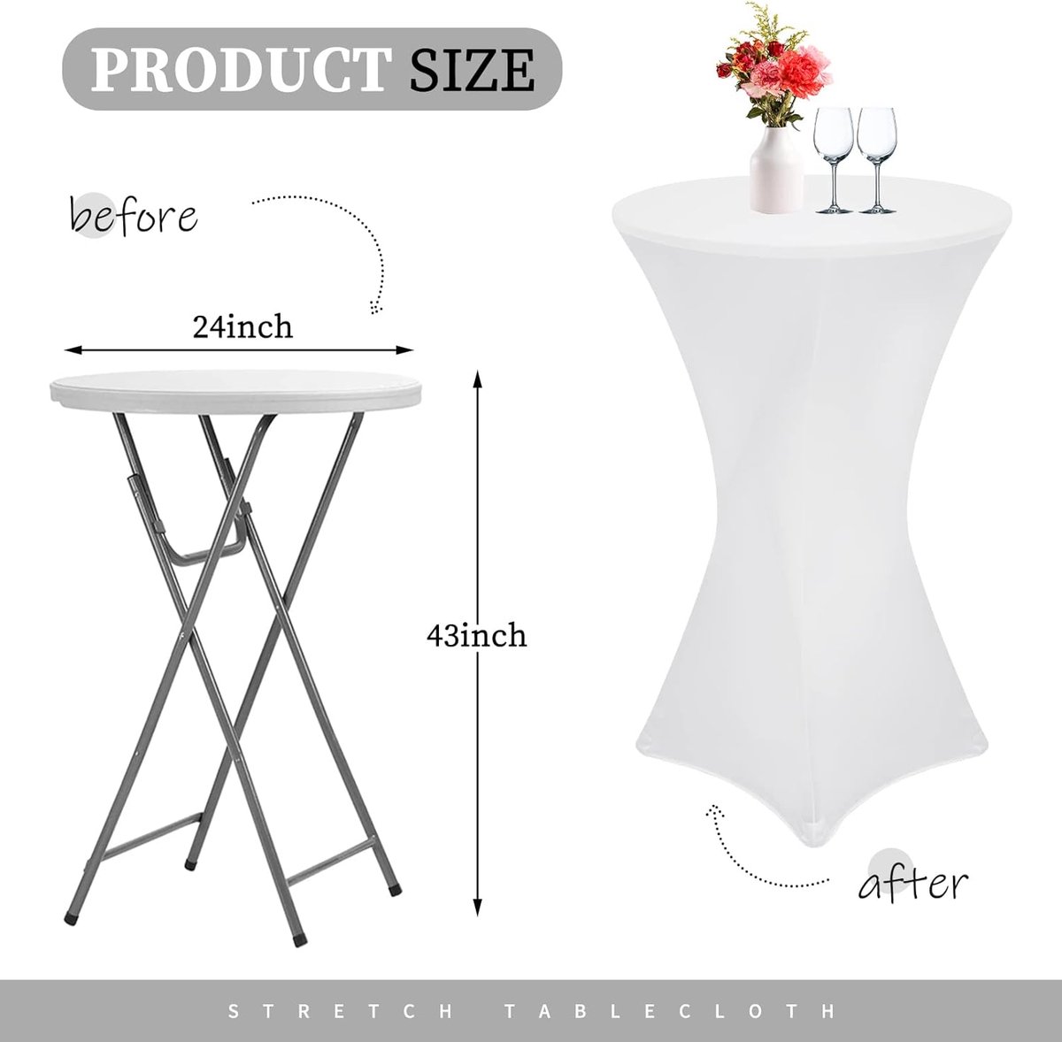 6 Pack cocktail spandex stretch vierkante hoeken tafelkleed, 60 x 110 cm wit cocktail rond tafelkleed, uitgerust highboy cocktailtafelkleed voor bar bruiloft cocktailparty bankettafel