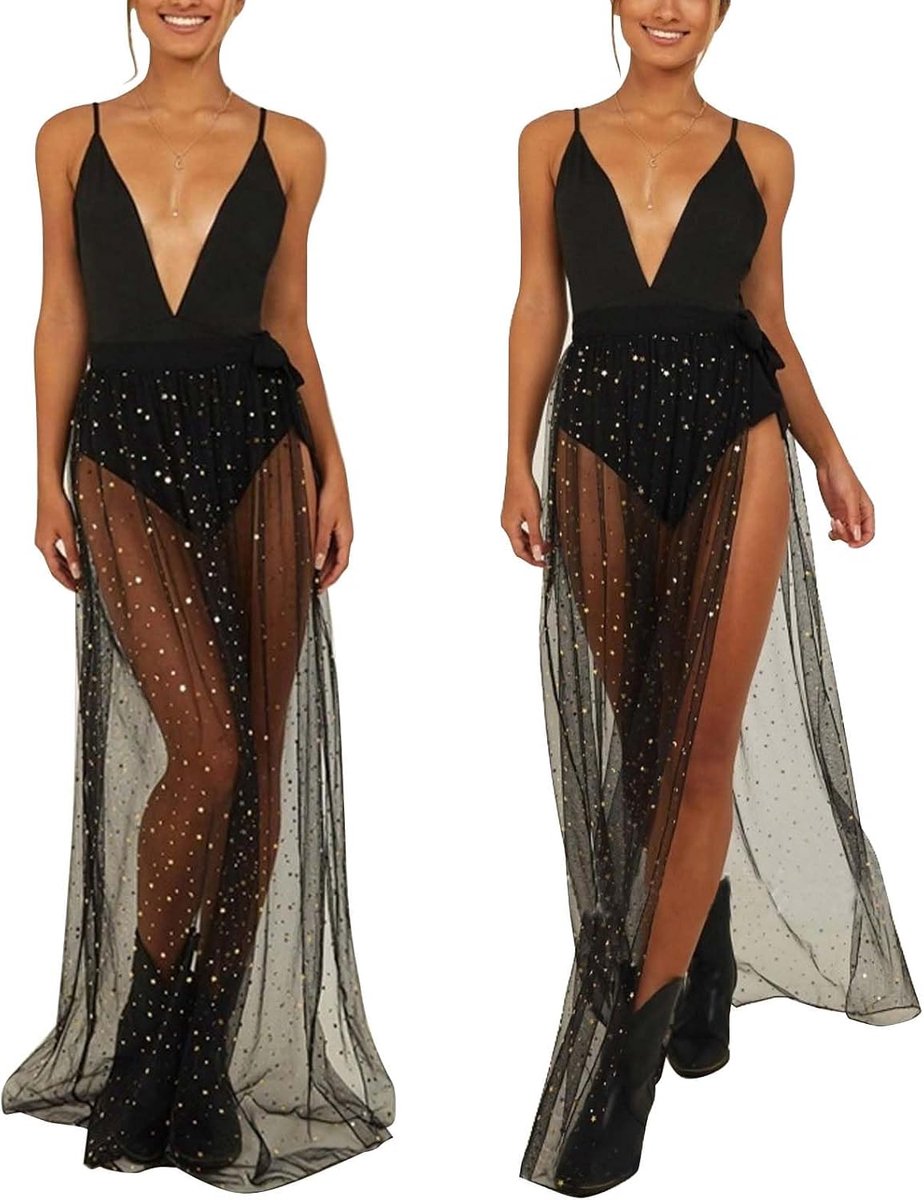 Glitterrok voor dames, lang, doorzichtig, mesh-rok, festival, zwarte lange tule rok, netrok, strand, bikini cover-up, maxirok met split voor zomerfeest