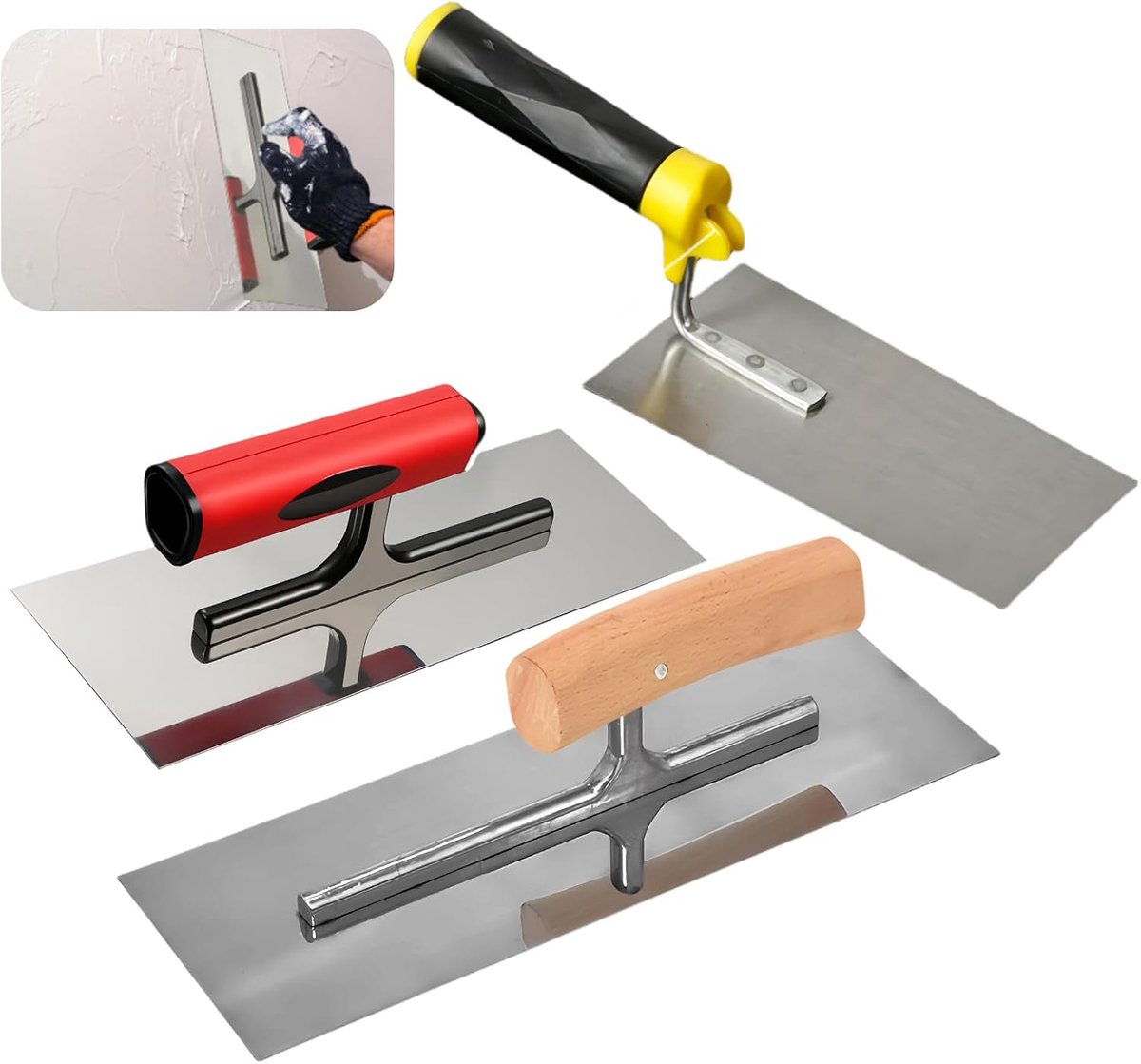 3 stuks troffel van roestvrij staal, platte troffel, gipsspatel met zachte grip, voor het gladmaken van gips
