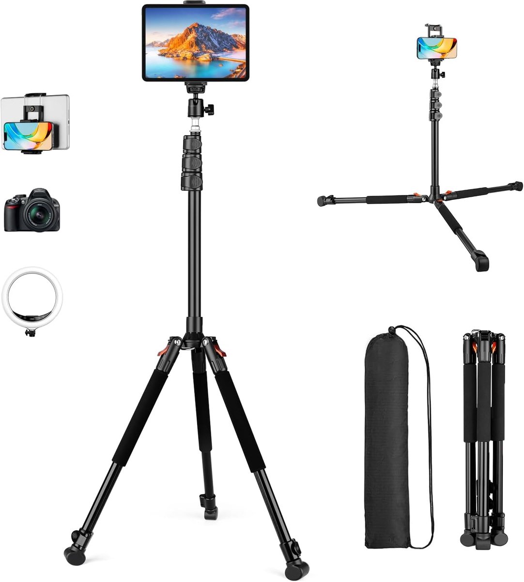 iPad-statief, vloerstandaard voor tablets van 200 cm met 360°-kogelkop, in hoogte verstelbaar statief voor smartphones en tablets, geschikt voor iPad Pro 9,7“/10,5”/11", Mini en Air