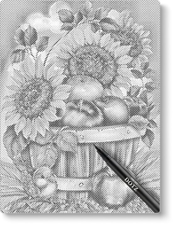 Peinture par points en noir et blanc d'un vase de fleurs et de fruits, avec un marqueur noir dessus.