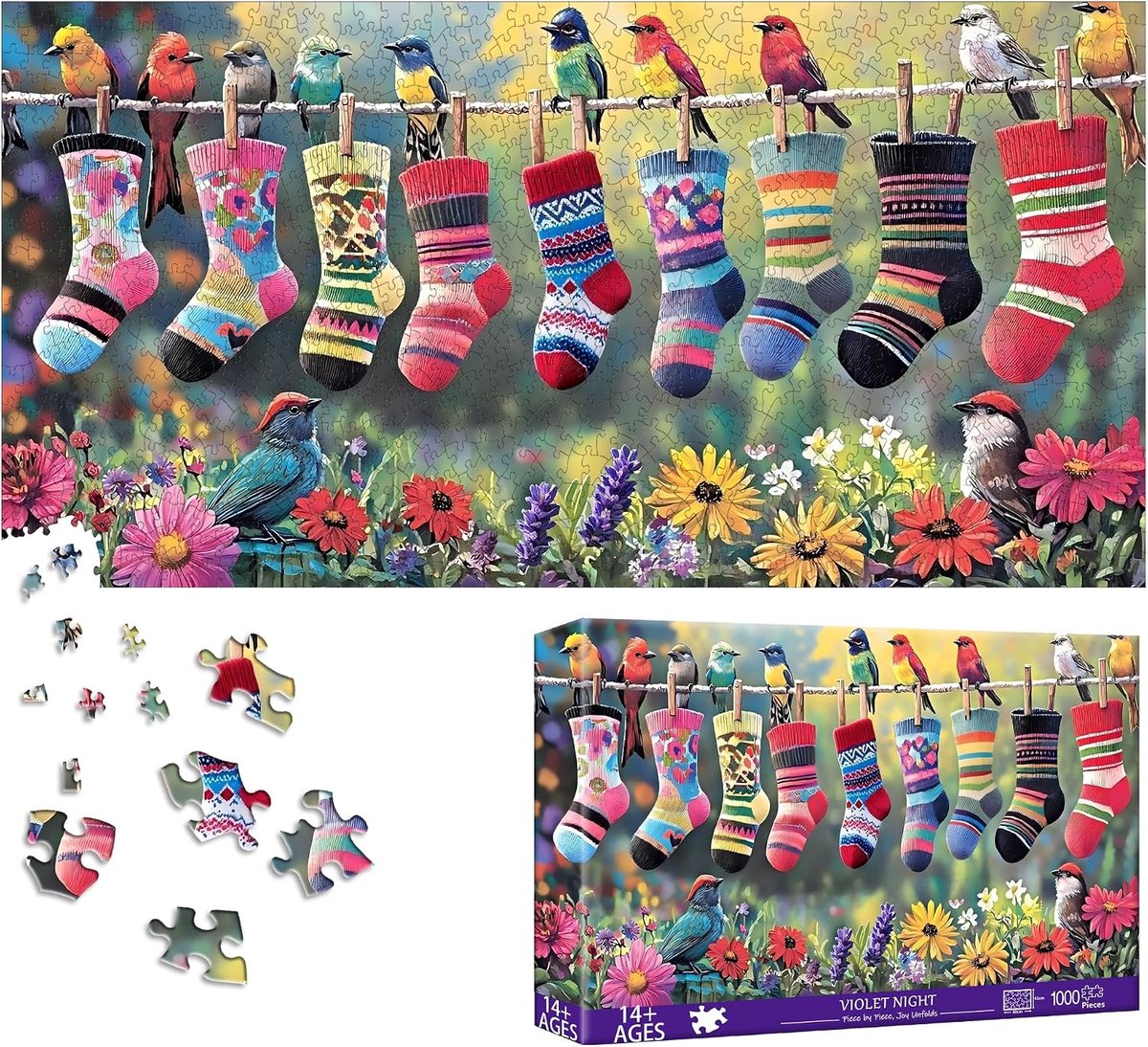 Vogels En Sokken Puzzels Voor Volwassenen 1000 Stukjes, BloemPapieren Legpuzzel Van 1000 Stukjes - Leuke En Uitdagende Familiepuzzel Ter Decoratie, Geweldig Cadeau-Idee, 80 X 41 cm