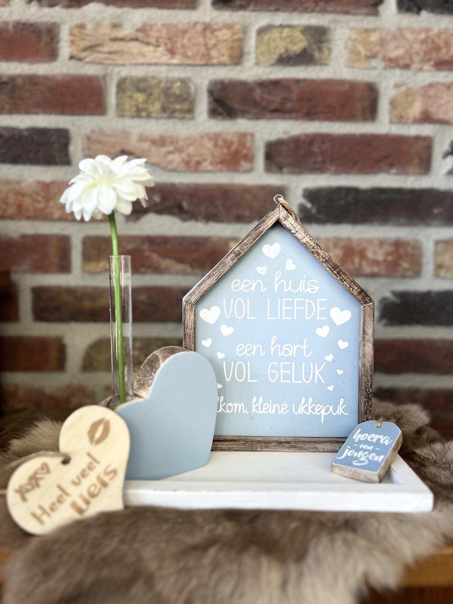Creaties van hier – Cadeau pakket geboorte jongen - teksthuisje - houten hart blauw met reageerbuisje en bloem - teksthanger - dienblaadje - met houten hartje