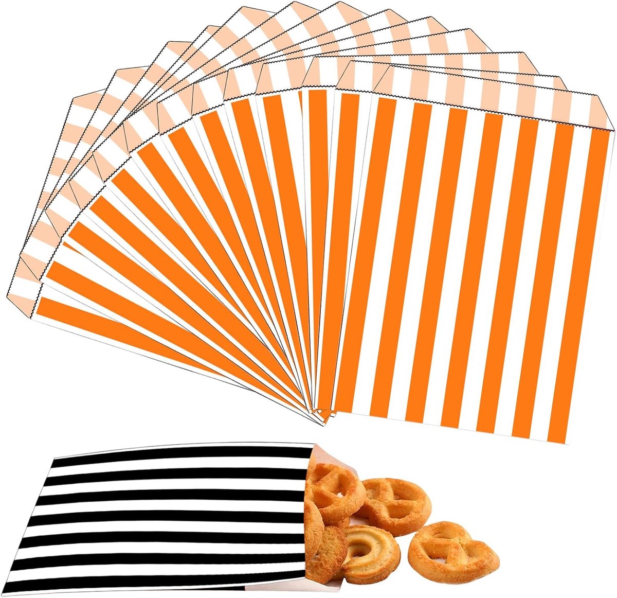 100 stuks 13 x 18 cm oranje gestreepte papieren zakjes snoepzakken, gestreepte papieren zak voor zoete traktatiezak, feesttassen voor kinderen, meisjes, jongens, Kerstmis, Halloween, bruiloft
