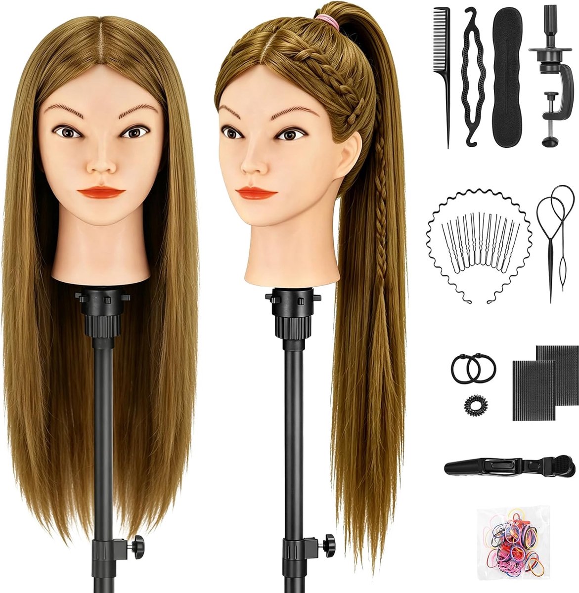 trainingshoofd voor kappers, 51 cm synthetische vezelhaar mannequin hoofd, pruik styling hoofd met klem en DIY vlechtset (bruin)