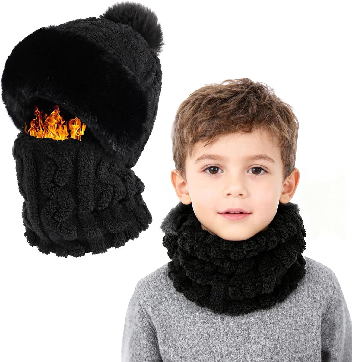 3-in-1 gebreide muts en sjaal voor kinderen, thermische winddichte bivakmuts, volledig gezicht, skimasker, sneeuwkap, pompon, hoed met nekwarmer, hoed voor koud weer voor jongens meisjes