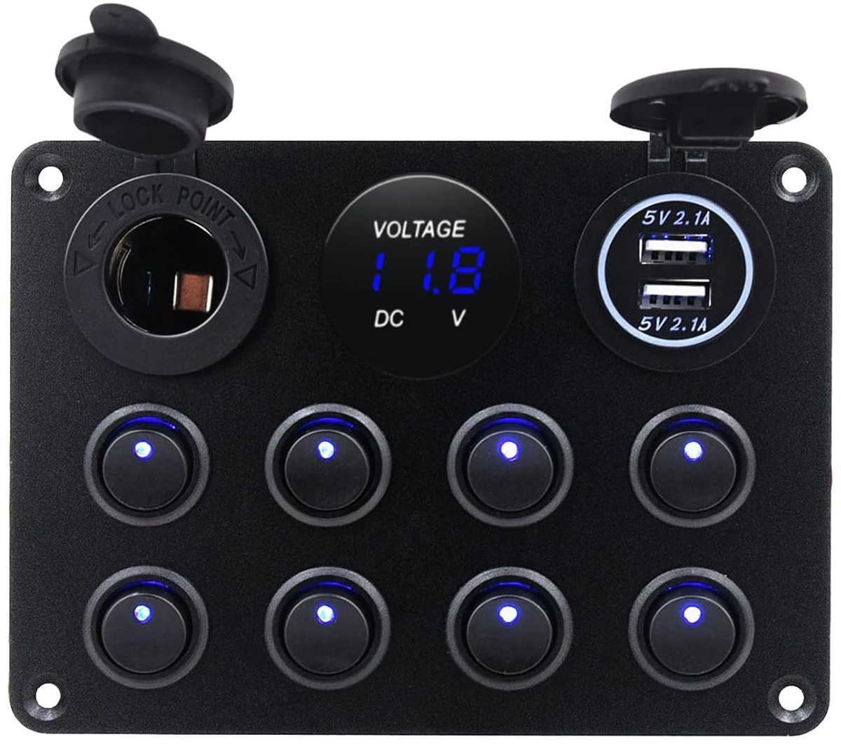 Schakelpaneel met 8 Versnellingen, 12 V/24 V Tuimelschakelpaneel 4,2 A Dubbele USB-oplader + Sigarettenaansteker + IP65 Waterdicht voor Boot, Camper, Caravan, Scheepvaart, Blauw