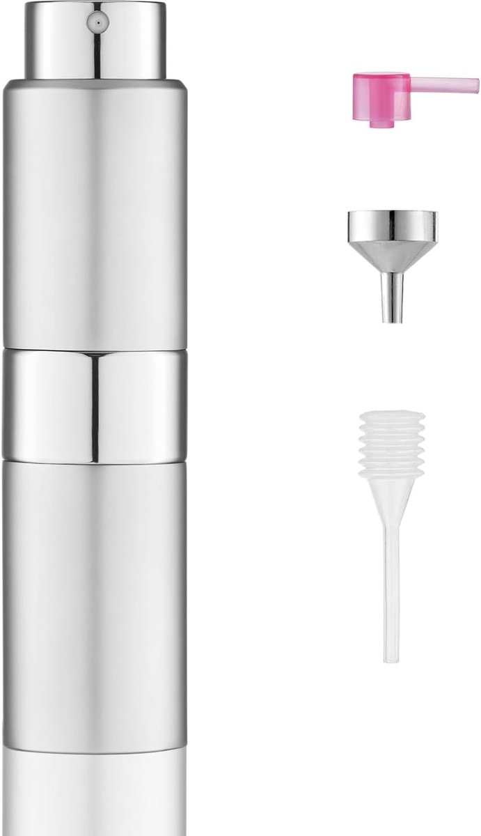 Parfum Verstuiver 20ml Navulbaar, Aluminium Reis Parfumflesje met Navulaccessoires, Draagbare Parfum Spray Bottle voor Tas, Vakantie, Cologne en Aftershave, Zilver