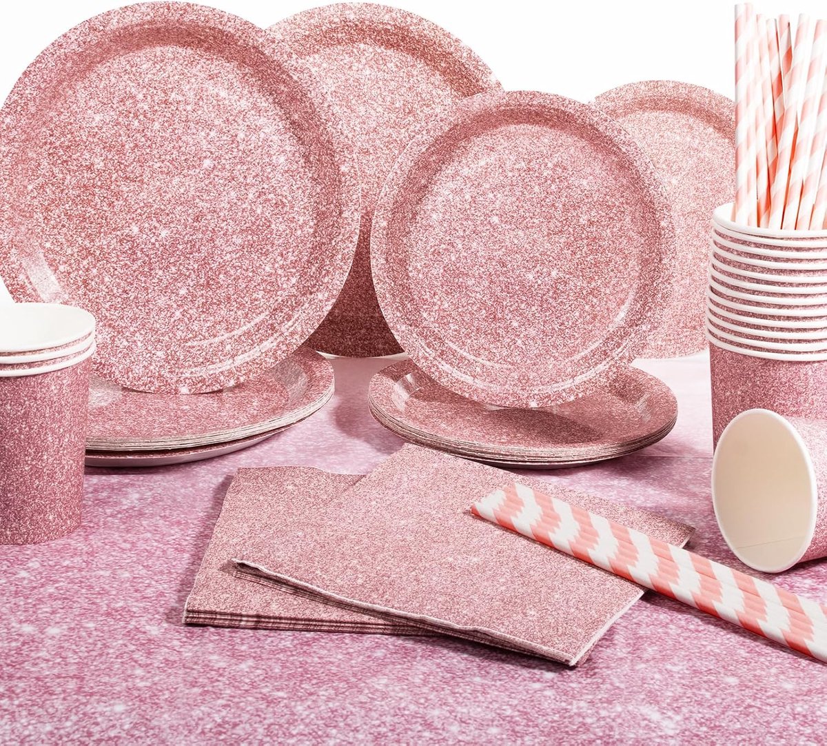 Glitter Feestservies Set, 81-Delig Wegwerpservies Voor KinderFeestjes, Bruiloften en : Borden, Bekers, Rietjes, Servetten, Tafelkleden en Feestversieringen Voor 16 Gasten