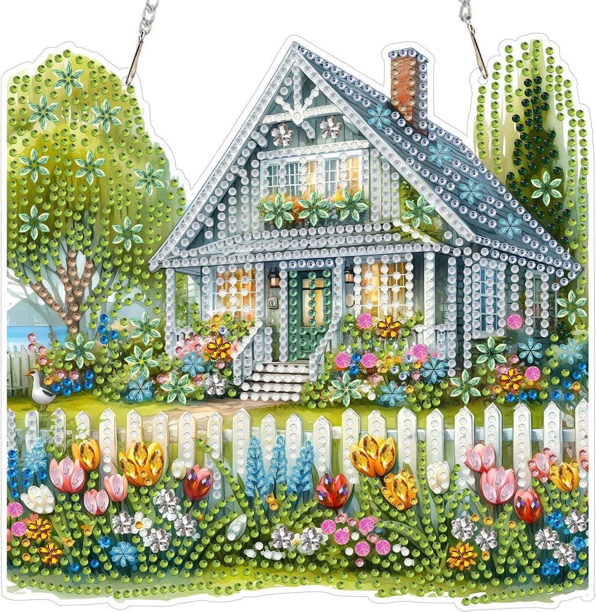 Landschap Diamond Painting hanger DIY voor volwassenen, huis bloem diamant schilderij hangende ornamenten met ketting, Diamond Art hanger voor deur muur raam hangende decoratie cadeau 20 x 20