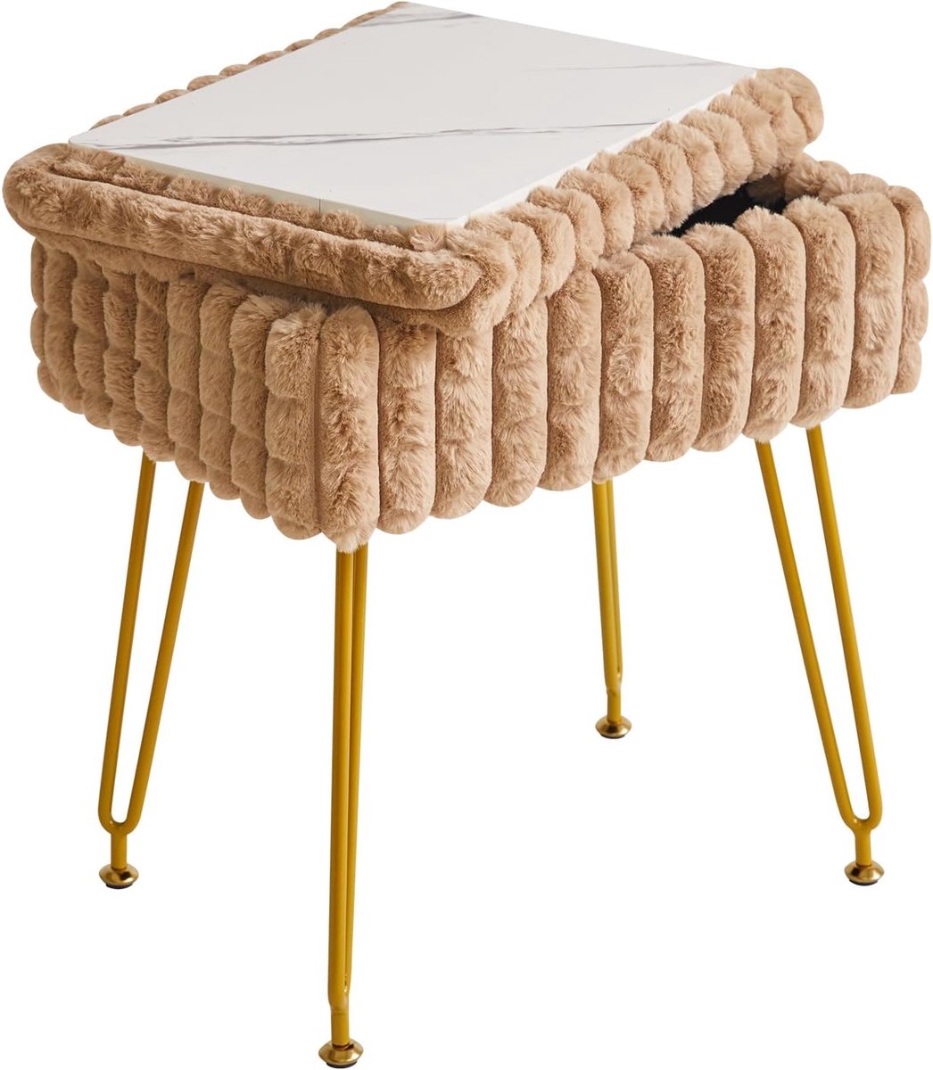 WBD004K Rechthoekige kaptafel met opbergruimte, voetenbank voetenbank Ottomaanse, kaptafel stoel met anti-slip voeten, voor make-upkamer, slaapkamer, vierkant rasterpatroon, kaki