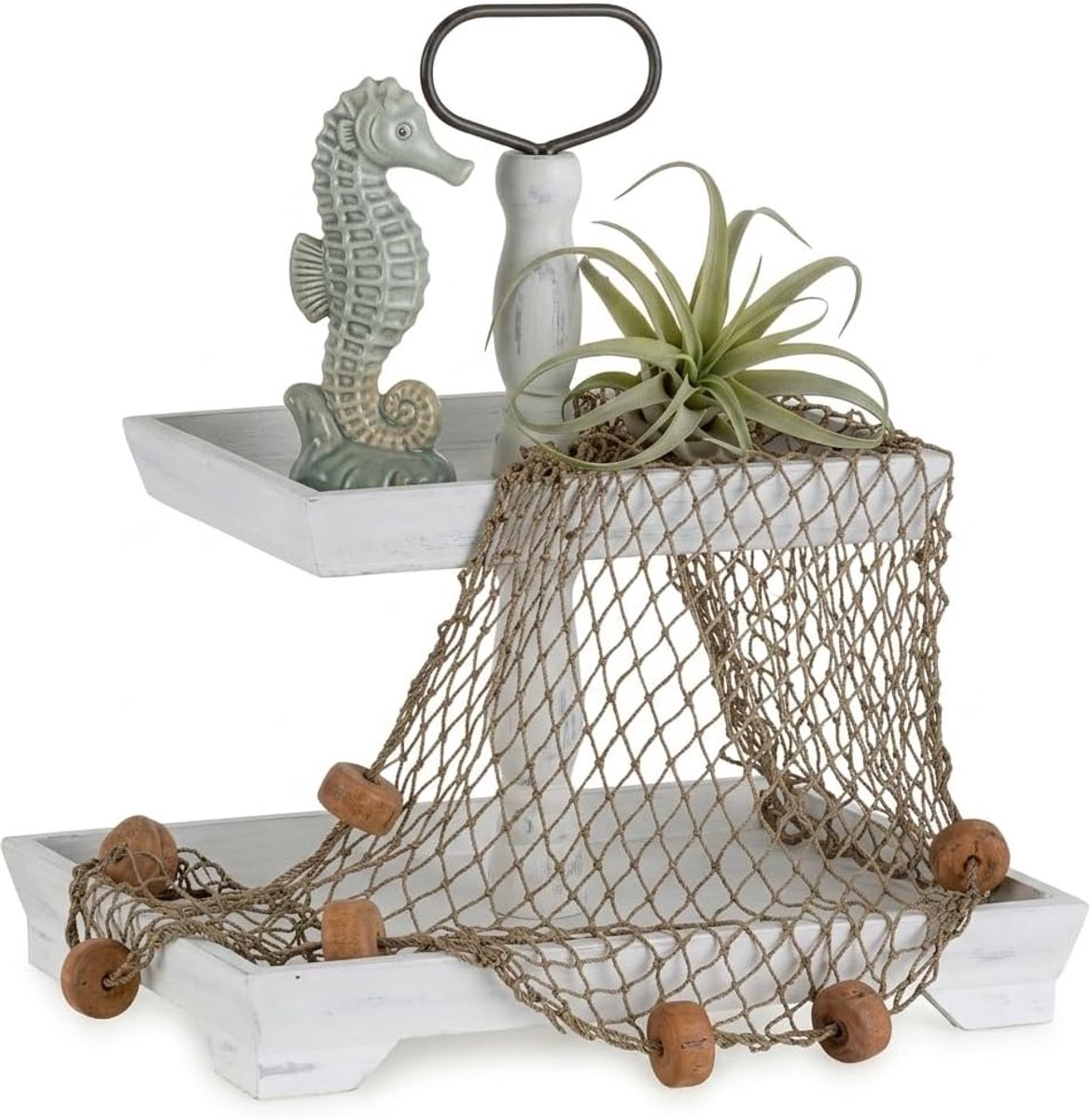 Tiered Tray for Table Decor: 2 Tier Serving Stand Farmhouse Decorative Tray for Coffee Bar Centerpiece Rectangle Wood Display Stands Kitchen Counter (Rustic White)