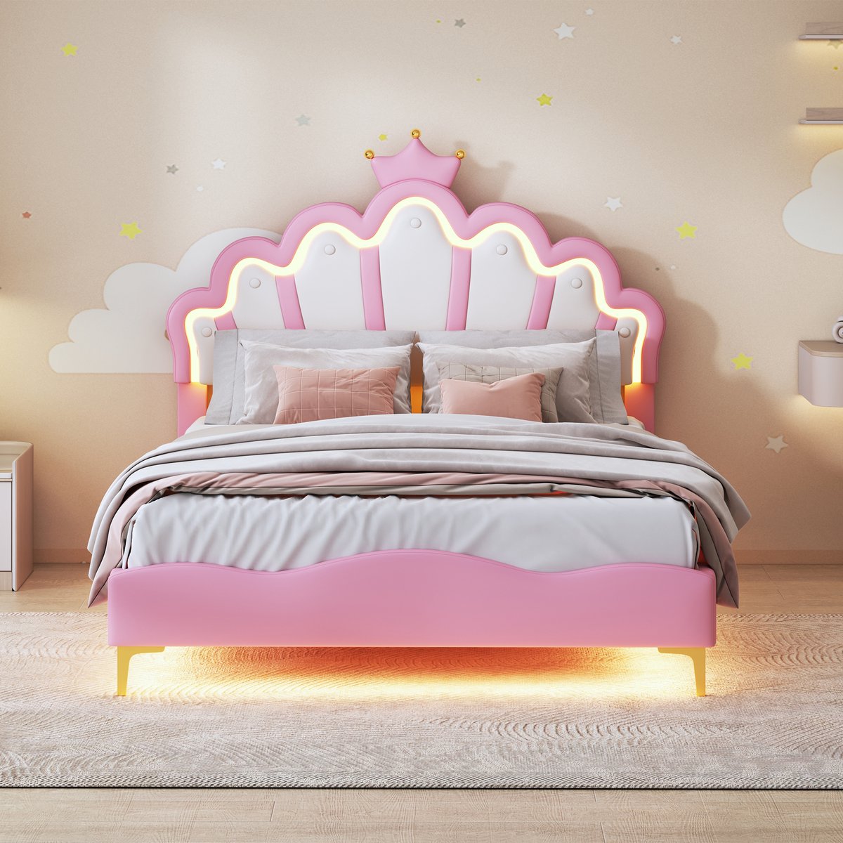 Kinderbed 140x200 cm, prinsessenbed met led verlichting aan hoofdbord en onderbed, gestoffeerd bed met kroon hoofdbord, zachte pu bekleding roze, zonder matras