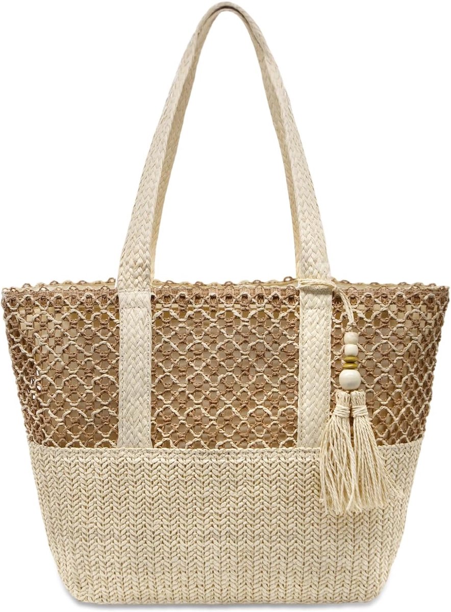 SnelShoppen - Grote Beige Stro Geweven Strand Schoudertas voor Vrouwen - Opvouwbare Lichtgewicht Raffia Tote Tas met Rits voor Zomer, 38 cm