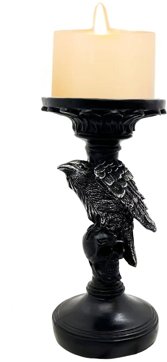Halloween Decoratie Accessoires - Raven Schedel Kandelaar met Skelet Figuren 18x9x9cm - Gothic Kaarsenhouder van Kunsthars - Spooky Tafeldecoratie voor Halloween Feest, Woonkamer en Herfstdecoratie (Kaars Niet Inbegrepen)
